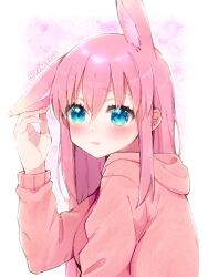 Rule 34 | 1girl, alternate costume, animal ears, blue eyes, blush, bocchi the rock!, closed mouth, commentary, expressionless, gotoh hitori, hand up, highres, hood, hood down, hoodie, long hair, long sleeves, pink hair, pink hoodie, sidelocks, simple background, solo, taka0028, twitter username, white background