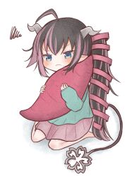 Rule 34 | 1girl, ahoge, alternate costume, barefoot, black hair, blue eyes, blue shirt, blush, closed mouth, commentary request, demon girl, demon horns, demon tail, food, frown, full body, grey horns, hair ribbon, highres, horns, kneeling, long hair, long sleeves, multicolored hair, nanashi inc., oinomori may, one side up, pink hair, pink ribbon, pink skirt, pleated skirt, pointy ears, powercandy, ribbon, shirt, simple background, skirt, solo, squiggle, sweet potato, tail, two-tone hair, v-shaped eyebrows, virtual youtuber, white background