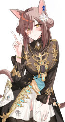 Rule 34 | 1girl, animal ear fluff, animal ears, black dress, black thighhighs, blue flower, blush, breasts, brown eyes, brown hair, cat ears, cat girl, cat tail, closed mouth, commentary request, double bun, dress, facial mark, final fantasy, final fantasy xiv, flower, hair bun, hair flower, hair ornament, hair over one eye, hand up, highres, index finger raised, kinona, long sleeves, looking at viewer, medium breasts, miqo&#039;te, puffy long sleeves, puffy sleeves, simple background, smile, solo, tail, thighhighs, warrior of light (ff14), whisker markings, white background, white flower