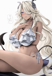 Rule 34 | 1girl, absurdres, bare shoulders, bikini, blonde hair, blush, breasts, cleavage, commentary request, dark-skinned female, dark skin, demon girl, demon tail, frilled bikini, frills, hair over one eye, highres, horns, large breasts, long hair, looking at viewer, mole, mole under mouth, original, purple eyes, side-tie bikini bottom, simple background, solo, speech bubble, swimsuit, tail, very long hair, white background, white bikini, yunamaro