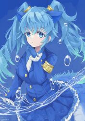 Rule 34 | 1girl, absurdres, aqua eyes, blue background, blue gloves, blue hair, blue skirt, blue suit, blue theme, commentary, dragon girl, dragon tail, formal, gloves, highres, kemono friends, long hair, long sleeves, necktie, paro3920, seiryuu (kemono friends), skirt, solo, suit, tail, twintails, white necktie