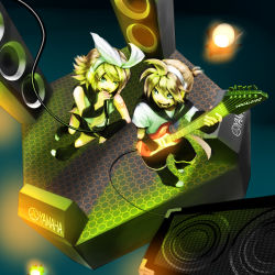 Rule 34 | 1boy, 1girl, bad id, bad pixiv id, blonde hair, brother and sister, electric guitar, green eyes, guitar, hair ornament, hairclip, hairpin, headphones, instrument, kagamine len, kagamine rin, microphone, music, ribbon, school uniform, siblings, singing, smile, snail8, twins, vocaloid