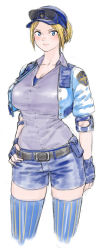 Rule 34 | 1girl, baseball cap, belt, belt pouch, blonde hair, blue bra, blue eyes, blue thighhighs, blush, bra, breasts, cropped jacket, cropped legs, elbow pads, eyewear on head, final fight, final fight tough, fingerless gloves, gloves, grey shirt, hajimanabu, hand on own hip, hat, highres, large breasts, lips, looking at viewer, lucia morgan, parted bangs, police, police uniform, policewoman, pouch, shirt, short hair, shorts, solo, sports bra, standing, street fighter, street fighter v, striped clothes, striped thighhighs, sunglasses, thighhighs, underwear, uniform, vertical-striped clothes, vertical-striped thighhighs, white background