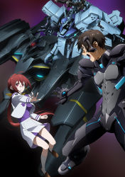 Rule 34 | 1boy, 1girl, absurdres, ahoge, brown hair, extra eyes, floating, floating hair, fortified suit, gun, hair behind ear, hair ribbon, highres, holding, holding gun, holding weapon, kagami sumika, key visual, long hair, looking to the side, low ponytail, mecha, muv-luv, muv-luv alternative, muv-luv alternative (anime), official art, open hand, open mouth, pilot suit, promotional art, red eyes, red hair, ribbon, robot, science fiction, shirogane takeru, tactical surface fighter, type 94 shiranui, weapon, xg-70b susanoo ii, yellow ribbon