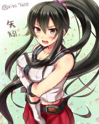 Rule 34 | 10s, 1girl, angry, bare shoulders, black hair, blush, breast hold, breasts, covering privates, covering breasts, gloves, hair ribbon, highres, ichikawa feesu, kantai collection, large breasts, long hair, midriff, miniskirt, navel, open mouth, ponytail, red eyes, ribbon, school uniform, serafuku, skirt, solo, standing, tears, twitter username, very long hair, white gloves, yahagi (kancolle)