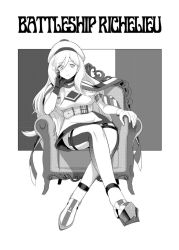 Rule 34 | 1girl, belt, beret, chair, character name, commentary request, dress, french flag, full body, gloves, greyscale, hair between eyes, hand on own face, hat, highres, kantai collection, crossed legs, long hair, looking at viewer, mole, mole under eye, mole under mouth, monochrome, pom pom (clothes), richelieu (kancolle), sitting, solo, strapless, strapless dress, taji (crowview), thighhighs