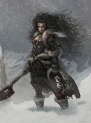 Rule 34 | 1girl, armor, axe, bag, black hair, blood, boots, breasts, brown eyes, demon, expressionless, facepaint, fangs, fantasy, fur, gloves, hair ornament, horns, knife, leather, long hair, monster, mountain, original, severed head, single horn, snow, snowing, solo, tahra, throwing knife, very long hair, weapon