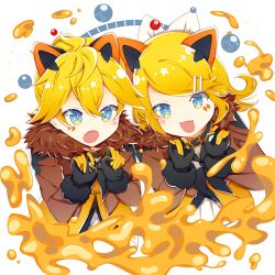 Rule 34 | 1boy, 1girl, animal ears, black gloves, blonde hair, blue eyes, blush, bow, brother and sister, claw pose, collar, commentary, diamond (shape), facial tattoo, fang, fur-trimmed jacket, fur trim, gloves, hair bow, hair ornament, hairclip, jacket, kagamine len, kagamine rin, lion ears, magical mirai (vocaloid), magical mirai len, magical mirai rin, neckerchief, open mouth, short hair, siblings, skin fang, sparkling eyes, spiked hair, star (symbol), swept bangs, tattoo, twins, upper body, v-shaped eyebrows, vocaloid, white bow, zimoow