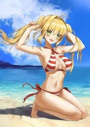 Rule 34 | 1girl, armpits, beach, bikini, blue sky, breasts, cloud, day, earrings, fate/grand order, fate (series), fingernails, green eyes, hair intakes, halterneck, highres, horizon, jewelry, kneeling, long hair, looking at viewer, medium breasts, nail polish, navel, nero claudius (fate), nero claudius (fate) (all), nero claudius (swimsuit caster) (fate), ocean, open mouth, outdoors, red nails, sand, side-tie bikini bottom, sky, smile, solo, striped bikini, striped clothes, swimsuit, twintails, wumumu