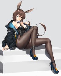 Rule 34 | 1girl, :o, amiya (arknights), animal ears, arknights, arm support, ass, bare shoulders, blue bow, blue bowtie, blue eyes, bow, bowtie, breasts, brown hair, cleavage, commission, detached collar, fake animal ears, hair between eyes, high heels, highres, jacket, leotard, long hair, looking at viewer, pantyhose, playboy bunny, rabbit ears, rabbit girl, sitting, solo, thighs, tony guisado