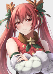 Rule 34 | 1girl, bare shoulders, blush, christmas, commentary request, detached sleeves, fake antlers, fire emblem, fire emblem fates, fire emblem heroes, grey background, hair between eyes, long hair, long sleeves, looking at viewer, nintendo, official alternate costume, red eyes, red hair, selena (fire emblem fates), severa (fire emblem), simple background, solo, star (symbol), ten (tenchan man), twintails, upper body, very long hair