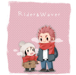 Rule 34 | 2boys, bad id, bad pixiv id, beanie, black hair, blush, breath, character name, chibi, coat, fate/zero, fate (series), holding hands, hat, iskandar (fate), male focus, miaa11, multiple boys, pink background, red eyes, red hair, scarf, waver velvet