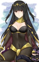 Rule 34 | 1girl, black cape, black eyes, black hair, blunt bangs, bodystocking, breasts, bridal gauntlets, cape, commentary request, fire emblem, fire emblem awakening, gold, gold trim, highres, long hair, medium breasts, navel, nintendo, otokajife, parted lips, red cape, sitting, skin tight, smile, solo, tharja (fire emblem), tiara, two-sided cape, two-sided fabric, two side up