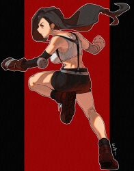 Rule 34 | 1girl, asymmetrical hair, belt, black hair, breasts, earrings, elbow pads, fighting stance, final fantasy, final fantasy vii, full body, gloves, highres, jewelry, large breasts, long hair, low-tied long hair, miniskirt, muscular, muscular female, nanpou (nanpou0021), red background, red eyes, shirt, skirt, solo, square enix, suspender skirt, suspenders, tifa lockhart, white shirt