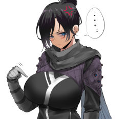 Rule 34 | ..., 1girl, alternate breast size, anger vein, angry, animification, apex legends, black bodysuit, black hair, blue eyes, blush, bodysuit, breasts, gloves, hair behind ear, hair bun, large breasts, long sleeves, looking at viewer, pointing, ricochet-gou, simple background, single hair bun, solo, speech bubble, upper body, white background, wraith (apex legends)