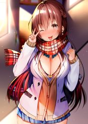 Rule 34 | 1girl, aozora nan, blazer, blue skirt, blurry, blurry background, blush, bra, braid, breasts, brown cardigan, brown eyes, brown hair, buttons, cardigan, cleavage, closed mouth, cowboy shot, day, depth of field, earrings, french braid, fringe trim, hands up, highres, indoors, jacket, jewelry, lace trim, large breasts, light particles, long hair, long sleeves, looking at viewer, miniskirt, moe2019, one eye closed, open clothes, open jacket, original, pink bra, plaid, plaid scarf, plaid skirt, pleated skirt, red scarf, scarf, school uniform, shirt, sidelocks, skirt, smile, solo, standing, tongue, tongue out, undershirt, underwear, v, white jacket, white shirt, wing collar