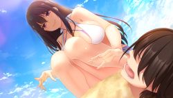 Rule 34 | 1girl, bare shoulders, beach, bikini, blush, breast press, breasts, breasts squeezed together, chobipero, closed mouth, cloud, day, from below, game cg, giuniu, hair over eyes, hinekuremono no gakuen seishun monogatari, knees together feet apart, large breasts, legs, long hair, looking at another, lying, munakata shizuku, open mouth, original, outdoors, purple eyes, purple hair, rozea, sand, sky, smile, squatting, sunlight, swimsuit, thighs