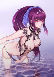 Rule 34 | 1girl, absurdres, artist name, breasts, chiwan hewan, cleavage, clothes pull, dated, fate/grand order, fate (series), hair between eyes, headpiece, highres, large breasts, looking at viewer, one-piece swimsuit pull, open mouth, partially submerged, ponytail, purple hair, red eyes, scathach (fate), scathach skadi (fate), solo, swimsuit, thighhighs, tiara, wading, water, white thighhighs