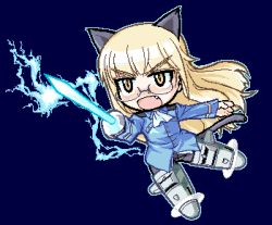 Rule 34 | 00s, 1girl, animal ears, bad id, bad pixiv id, blonde hair, cat ears, cat tail, electricity, glasses, lightning, lowres, pantyhose, perrine h. clostermann, pixel art, solo, strike witches, striker unit, sword, tail, weapon, world witches series, yk-ts