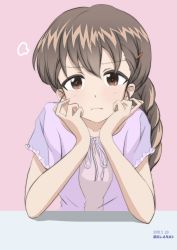 Rule 34 | 10s, 1girl, :i, absurdres, angry, artist name, braid, brown eyes, brown hair, casual, closed mouth, commentary, dated, elbow rest, frilled shirt, frills, frown, fume, girls und panzer, hair ornament, hair over shoulder, hairclip, head rest, highres, long hair, looking at viewer, one-hour drawing challenge, pout, purple shirt, rukuriri (girls und panzer), shirt, short sleeves, single braid, solo, tonan leopard, upper body