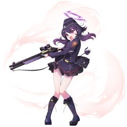 1girl absurdres black_hat black_skirt blue_archive boots commentary_request full_body garrison_cap gun halo haruka_(blue_archive) hat highres holding holding_gun holding_weapon koflif long_sleeves medium_hair open_mouth puffy_long_sleeves puffy_sleeves purple_eyes purple_footwear purple_hair purple_halo skirt solo standing weapon white_background