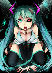 Rule 34 | 1girl, absurdres, aqua eyes, arm support, bare shoulders, barefoot, black sclera, black thighhighs, breasts, calne ca (deino), cleavage, colored sclera, crustacean, detached sleeves, feet, green hair, hatsune miku, headset, heterochromia, highres, honya1, isopod, jewelry, kneeling, large breasts, long hair, looking at viewer, mismatched sclera, nato-kun, necklace, open mouth, skull, thighhighs, toeless legwear, toes, twintails, very long hair, vocaloid