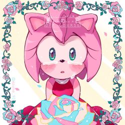 Rule 34 | 1boy, 1girl, amy rose, animal ears, animal nose, aqua eyes, artist name, bare shoulders, black eyes, blue flower, blue fur, blue rose, blush, breasts, closed mouth, crying, crying with eyes open, dress, eye reflection, ezume (rosehip), flower, furry, furry female, furry male, hedgehog, hedgehog ears, hedgehog girl, highres, leaf, looking at another, medium breasts, multicolored flower, multicolored rose, open mouth, petals, pink flower, pink fur, pink rose, red dress, reflection, rose, sleeveless, sleeveless dress, smile, sonic (series), sonic the hedgehog, standing, tears, white background, yellow eyes, yellow flower, yellow rose