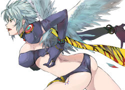 Rule 34 | ass, bibinbadonko, blue hair, breasts, earrings, gloves, jewelry, large breasts, loincloth, ocarina (violinist of hameln), red eyes, ring, scarf, violinist of hameln, wings, butt crack
