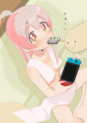 Rule 34 | 1girl, ahoge, blonde hair, brown eyes, commentary, covering privates, eating, food, food in mouth, genderswap, genderswap (mtf), highres, indian style, kebakebasan, long hair, looking at viewer, mouth hold, naked towel, nintendo switch, nude cover, onii-chan wa oshimai!, oyama mahiro, popsicle, popsicle in mouth, sitting, solo, towel, translated