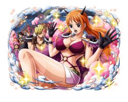 Rule 34 | 1girl, 2boys, alternate costume, animal, beast pirates uniform, black gloves, black hair, blonde hair, breasts, cleavage, gloves, horns, large breasts, long hair, monkey d. luffy, multiple boys, nami (one piece), official alternate costume, official art, one piece, one piece treasure cruise, open mouth, orange hair, reindeer, revealing clothes, sanji (one piece), short hair, teeth, thighhighs, tony tony chopper, wide hips