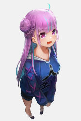 Rule 34 | 1girl, :d, absurdres, ahoge, alternate costume, anchor symbol, aqua hair, bare legs, black shorts, blue footwear, blue hoodie, blunt bangs, braid, breasts, colored inner hair, commentary, double bun, foreshortening, french braid, from above, full body, grey background, hair bun, highres, hololive, hood, hoodie, long hair, long sleeves, looking at viewer, medium breasts, minato aqua, multicolored hair, open mouth, own hands together, purple eyes, purple hair, pyytato, shoes, short shorts, shorts, side bun, simple background, single side bun, smile, solo, streaked hair, translated, two-tone hair, virtual youtuber