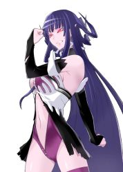 Rule 34 | 1girl, arm warmers, bare shoulders, beelzebub (caladrius), bone earrings, breasts, caladrius, choker, cleavage, earrings, female focus, glowing, glowing eyes, jewelry, large breasts, long hair, navel, official art, purple hair, purple thighhighs, red eyes, simple background, solo, thighhighs, thighs, torn clothes, unzipped, very long hair, yasuda suzuhito, zipper