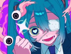 1girl :d aqua_hair blue_eyes blue_jacket blue_necktie blush bright_pupils clenched_hand collared_shirt colored_eyelashes commentary_request double-parted_bangs eyeball eyepatch freckles hair_between_eyes hair_ornament hand_up hatsune_miku heart heart-shaped_pupils highres jacket leaning_forward looking_at_viewer lower_teeth_only monitoring_(vocaloid) necktie open_clothes open_jacket open_mouth pink_background portrait purple_hair shirt simple_background smile solo sparkle symbol-shaped_pupils teeth tongue twintails two-tone_background two-tone_eyes vocaloid waguwagu090908 white_shirt yellow_eyes