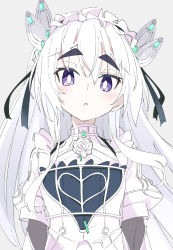 Rule 34 | 1girl, black ribbon, blush, chaika trabant, commentary request, flower, grey background, hair ribbon, hitsugi no chaika, ixy, long hair, looking at viewer, purple eyes, ribbon, rose, simple background, solo, thick eyebrows, white flower, white hair, white rose