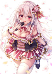 Rule 34 | 1girl, :d, black footwear, blush, bow, breasts, cleavage, collar, commentary request, confetti, detached collar, fang, flower, frilled skirt, frills, hair between eyes, hair bow, hair flower, hair ornament, hairclip, holding, holding microphone, idol, long hair, medium breasts, microphone, mitsuba choco, neck ribbon, open mouth, original, red bow, red eyes, red ribbon, ribbon, shirt, shoes, silver hair, simple background, skirt, smile, solo, standing, standing on one leg, striped bow, striped clothes, striped shirt, thighhighs, vertical-striped clothes, vertical-striped shirt, very long hair, white background, white collar, white flower, white thighhighs, wing collar, wrist cuffs, x hair ornament