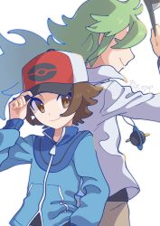 Rule 34 | 2boys, artist name, back-to-back, baseball cap, blue jacket, brown eyes, brown hair, closed mouth, creatures (company), game freak, green hair, grey outline, hand on headwear, hand up, hat, highres, hilbert (pokemon), holding, holding clothes, holding hat, jacket, jewelry, long hair, long sleeves, multiple boys, n (pokemon), necklace, nintendo, omochi (omotimotittona3), outline, pokemon, pokemon bw, shirt, short hair, simple background, smile, unworn hat, unworn headwear, white background, white shirt