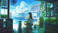 Rule 34 | 1girl, awning, bare arms, black hair, black skirt, blue sky, building, chair, cigarette, cloud, commentary request, crossed legs, cumulonimbus cloud, day, electric fan, fish tank, flip-flops, highres, holding, holding cigarette, long hair, original, pier, power lines, railing, revision, rug, sandals, scenery, sidelocks, sitting, skirt, sky, solo, striped tank top, sugi87, summer, tank top, window, wooden floor