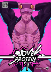 Rule 34 | 1boy, abs, arms behind head, bara, bare pectorals, black shirt, censored, censored by text, chest hair, crestren, facial hair, food, grin, hat, highres, large pectorals, leg hair, legs apart, long sideburns, looking at viewer, male focus, mature male, muscular, muscular male, navel, navel hair, nipples, paid reward available, pectorals, persona, persona 5, pocky, sanada akihiko, shirt, short hair, sideburns, smile, solo, stomach, stubble, thick thighs, thighs