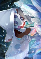 Rule 34 | 1girl, blue eyes, blurry, closed eyes, colored sclera, commentary request, creatures (company), eyelashes, flower, froslass, game freak, gen 4 pokemon, highres, holding hands, hood, hood up, nintendo, parted lips, pokemon, pokemon (creature), ssn (sasa8u9r), translation request, white flower, white hood, yellow sclera