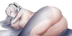 1girl absurdres armpits ass befe blush bodysuit breasts cinderella_(nikke) clothing_cutout crotch goddess_of_victory:_nikke highres large_breasts long_hair looking_at_viewer lying on_side parted_bangs red_eyes sideboob simple_background smug solo thighs twintails very_long_hair white_background white_bodysuit white_hair