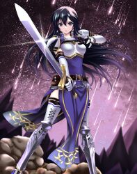 Rule 34 | 1girl, armor, ayra (fire emblem), black gloves, black hair, breastplate, commentary request, commission, dress, earrings, elbow gloves, fire emblem, fire emblem: genealogy of the holy war, foreshortening, gloves, highres, jewelry, kakiko210, long hair, looking at viewer, night, night sky, nintendo, pauldrons, pelvic curtain, purple eyes, shooting star, shoulder armor, skeb commission, sky, solo, star (sky), starry sky, sword, thighhighs, weapon