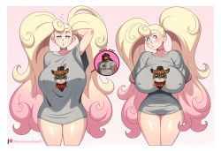 Rule 34 | 1girl, baggy shirt, blonde hair, blue eyes, blush, breasts, choker, colorful, curly hair, curvy, english text, female focus, glitter and gold, grey shirt, highres, holding, holding own hair, huge breasts, large breasts, looking at viewer, multicolored hair, nipples, no pants, pajamas challenge, pink hair, puckered lips, shirt, tagme, text focus, thick thighs, thighs, twintails