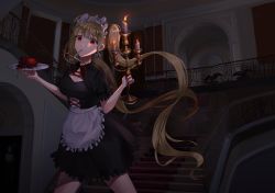 Rule 34 | 1girl, absurdres, apron, artist request, bad id, bad pixiv id, black dress, blonde hair, blood, candelabra, candle, candlestand, dark, dress, heart (organ), highres, holding, holding plate, indoors, juliet sleeves, long sleeves, looking at viewer, maid, maid apron, maid headdress, original, plate, puffy sleeves, railing, red eyes, short dress, short sleeves, stairs, twintails, vampire