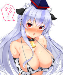 Rule 34 | 1girl, ?, @ @, animal ears, animal print, bell, bikini, blue hair, blush, breast hold, breasts, breath, cleavage, collar, cow ears, cow horns, cow print, crossed arms, daichi (tokoya), elbow gloves, fake animal ears, fake horns, gloves, hat, highres, horns, hypnosis, kamishirasawa keine, large breasts, long hair, looking at viewer, mind control, multicolored hair, neck bell, open mouth, red eyes, simple background, solo, spoken question mark, swimsuit, touhou, upper body, white background