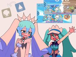 Rule 34 | 2girls, :d, ^ ^, arm up, arrow (symbol), ball, beachball, blush, bracelet, closed eyes, commentary request, creatures (company), dress, game freak, green hair, hair between eyes, hair ornament, hand up, hatsune miku, jewelry, kuwagata zaurus, long hair, multiple girls, nervous sweating, nintendo, open mouth, pokemon, project voltage, rock miku (project voltage), sleeveless, smile, strapless, strapless dress, sweat, tongue, twintails, visor cap, vocaloid, water miku (project voltage), zipper, zipper pull tab