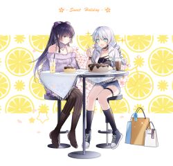 Rule 34 | + +, 2girls, 5233673792, bag, bare shoulders, black socks, black thighhighs, blue eyes, blunt bangs, boots, bow, braid, cake, chair, collared shirt, contemporary, couple, cup, elbows on table, floral background, flower, food, fork, fruit, hair between eyes, hair bow, highres, holding, holding fork, honkai (series), honkai impact 3rd, kiana kaslana, lemon, lemon slice, light blush, light smile, multiple girls, off shoulder, on chair, open clothes, open mouth, open shirt, patterned background, pink flower, plate, ponytail, pudding, purple eyes, purple hair, raiden mei, shirt, shiyoi, shoes, shopping bag, shorts, sitting, socks, table, tablecloth, thighhighs, twin braids, white hair, yuri