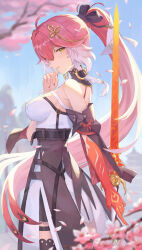 Rule 34 | 1girl, absurdres, ahoge, bare shoulders, black bow, black collar, black jacket, black sleeves, black thighhighs, bow, braid, breasts, changli (wuthering waves), closed mouth, collar, colored extremities, commentary request, cowboy shot, detached sleeves, dress, feather hair, from side, hair between eyes, hair bow, hair extensions, hair ornament, halterneck, hand up, highres, holding, holding sword, holding weapon, jacket, large breasts, long hair, looking at viewer, lujao haitang, multicolored hair, partial commentary, pink hair, ponytail, red hands, shoulder blades, solo, sword, thigh strap, thighhighs, twin braids, two-tone hair, very long hair, weapon, white bow, white dress, white hair, wuthering waves, yellow eyes