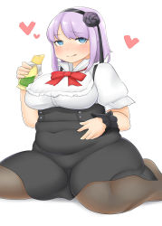 Rule 34 | 10s, 1girl, :q, absurdres, black pantyhose, blouse, blue eyes, blush, bow, breasts, bursting belly, dagashi kashi, eating, fat, female focus, flower, fusa (starless2323), hair flower, hair ornament, headband, highres, large breasts, looking at viewer, pantyhose, plump, purple hair, rose, shidare hotaru, shirt, short hair, short sleeves, simple background, sitting, skirt, solo, thick thighs, thighs, tongue, tongue out, wariza, white background, white shirt