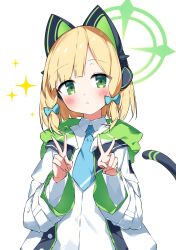Rule 34 | 1girl, absurdres, animal ear headphones, animal ears, aqua bow, aqua necktie, blonde hair, blue archive, blush, bow, cat tail, closed mouth, collared shirt, commentary request, double v, fake animal ears, green eyes, green halo, hair bow, halo, headphones, highres, hood, hooded jacket, jacket, long sleeves, looking at viewer, midori (blue archive), necktie, shirt, short hair, simple background, solo, sparkle, suta0822, tail, upper body, v, white background, white jacket, white shirt