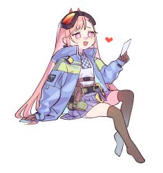 Rule 34 | 1girl, :d, absurdres, aged down, alternate breast size, blanchat, checkered clothes, checkered neckwear, earrings, electroshock weapon, fang, flat chest, girls&#039; frontline, gloves, goggles, goggles on head, heart, highres, holding, holding paper, jacket, jewelry, less-than-lethal weapon, long sleeves, mole, mole under eye, no shoes, open clothes, open jacket, open mouth, paper, pink eyes, pink hair, pleated skirt, police, police uniform, sig mcx (girls&#039; frontline), sitting, skin fang, skirt, smile, solo, taser, thighhighs, transparent background, uniform, white background, zettai ryouiki